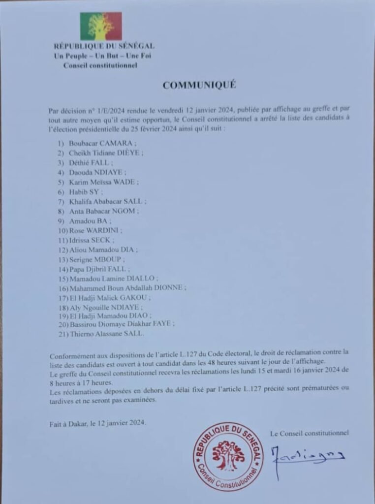 liste des candidats à l'élection présidentielle de 2024 au Sénégal - Document - soleil.sn